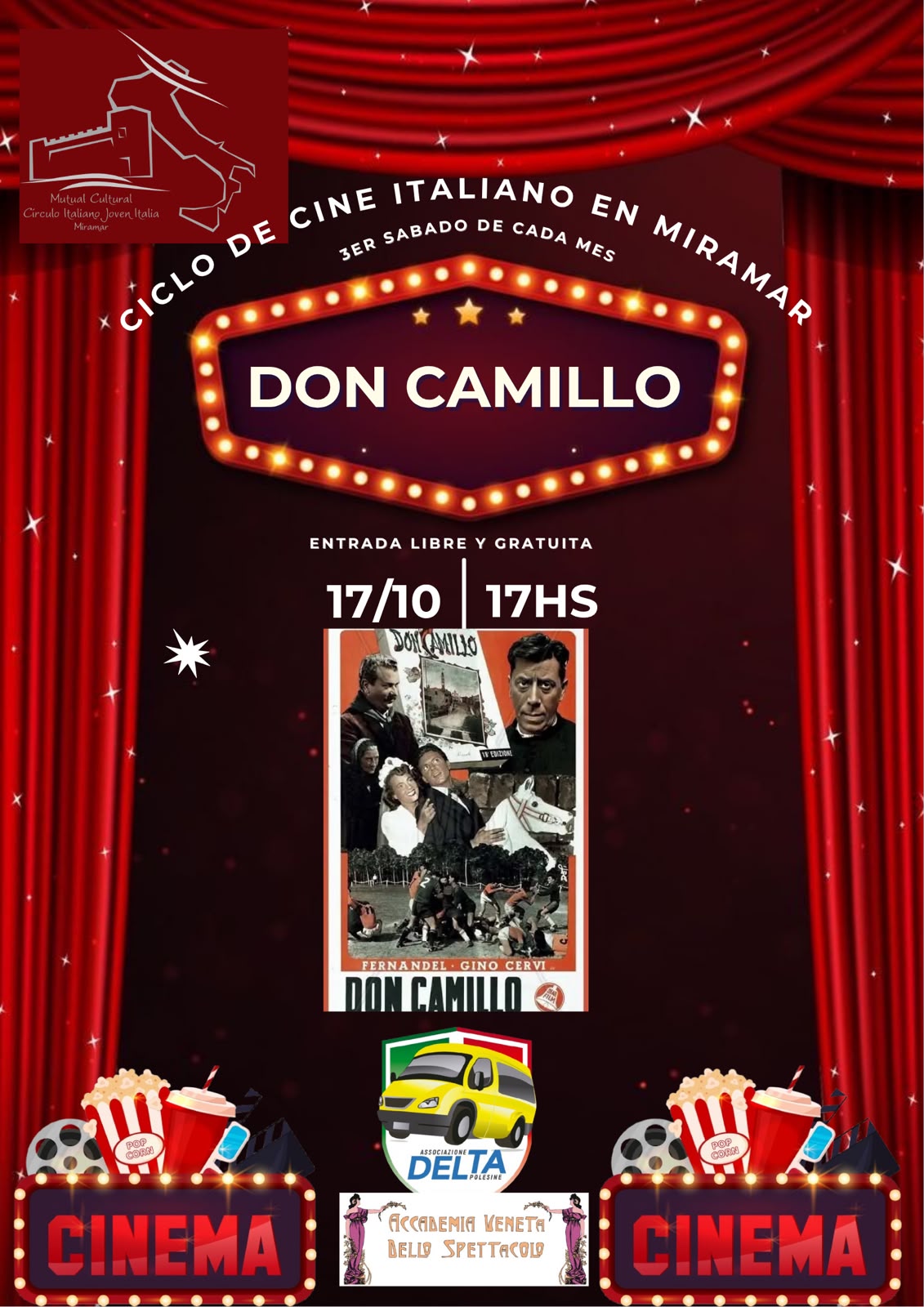 Afiche del Ciclo de Cine Italiano en Miramar: Don Camillo, sábado 17 de octubre a las 17:00, con entrada libre y gratuita.