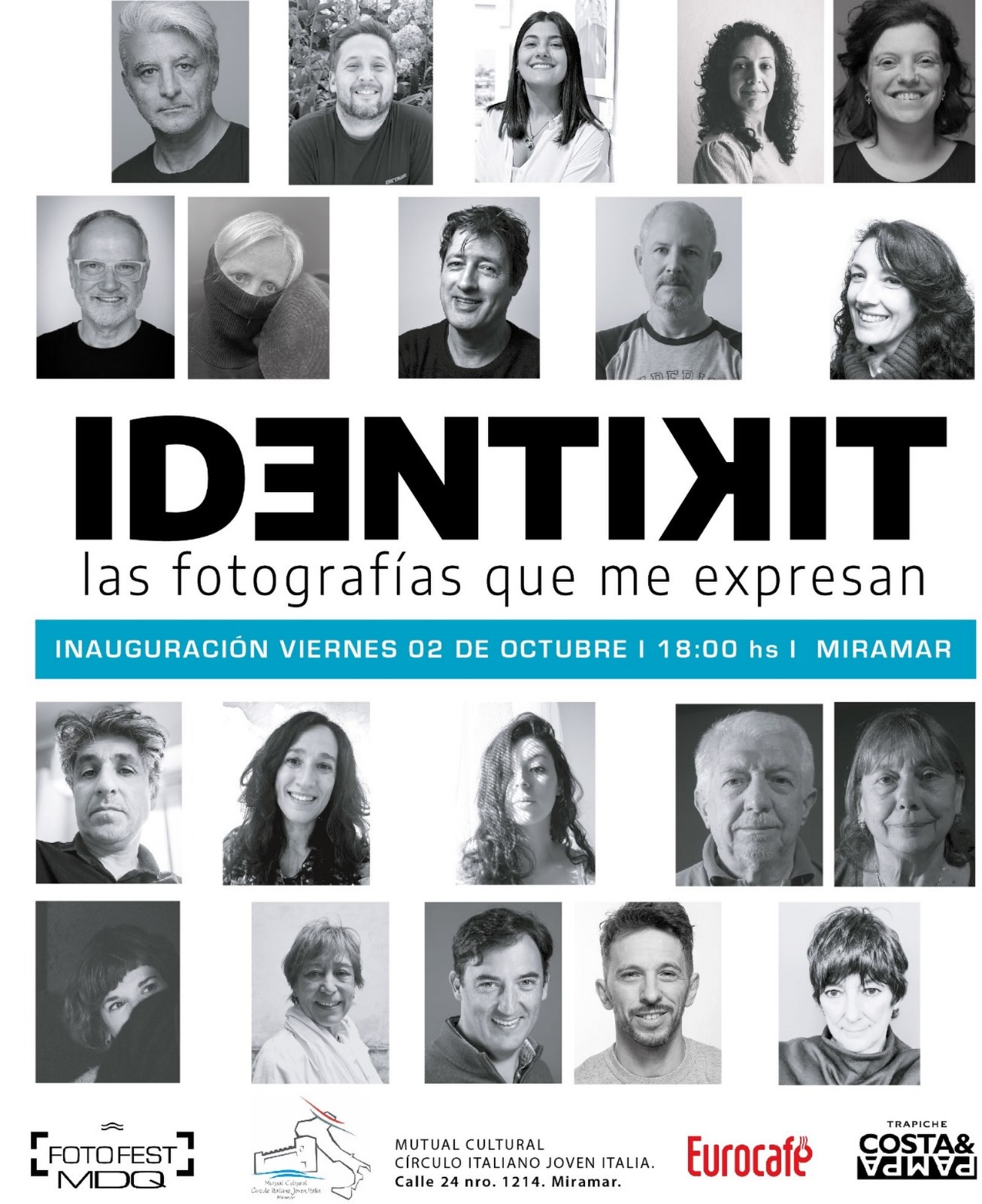 Afiche de IDENTIKIT. Las fotografías que me expresan, con retratos de los 20 autores de Fotofest MDQ y la fecha de inauguración.